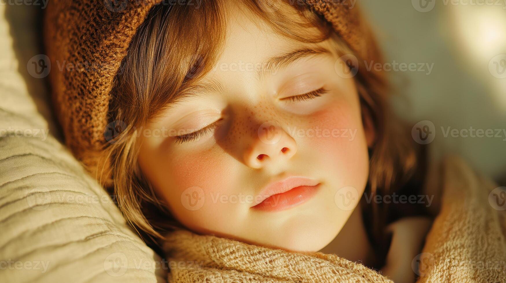 Peaceful child sleeping in a warm blanket, glowing in soft natural light, with serene expression and delicate features in cozy environment photo