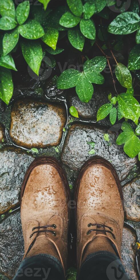 Person in brown leather boots standing on a rain soaked cobblestone path surrounded by lush green foliage photo