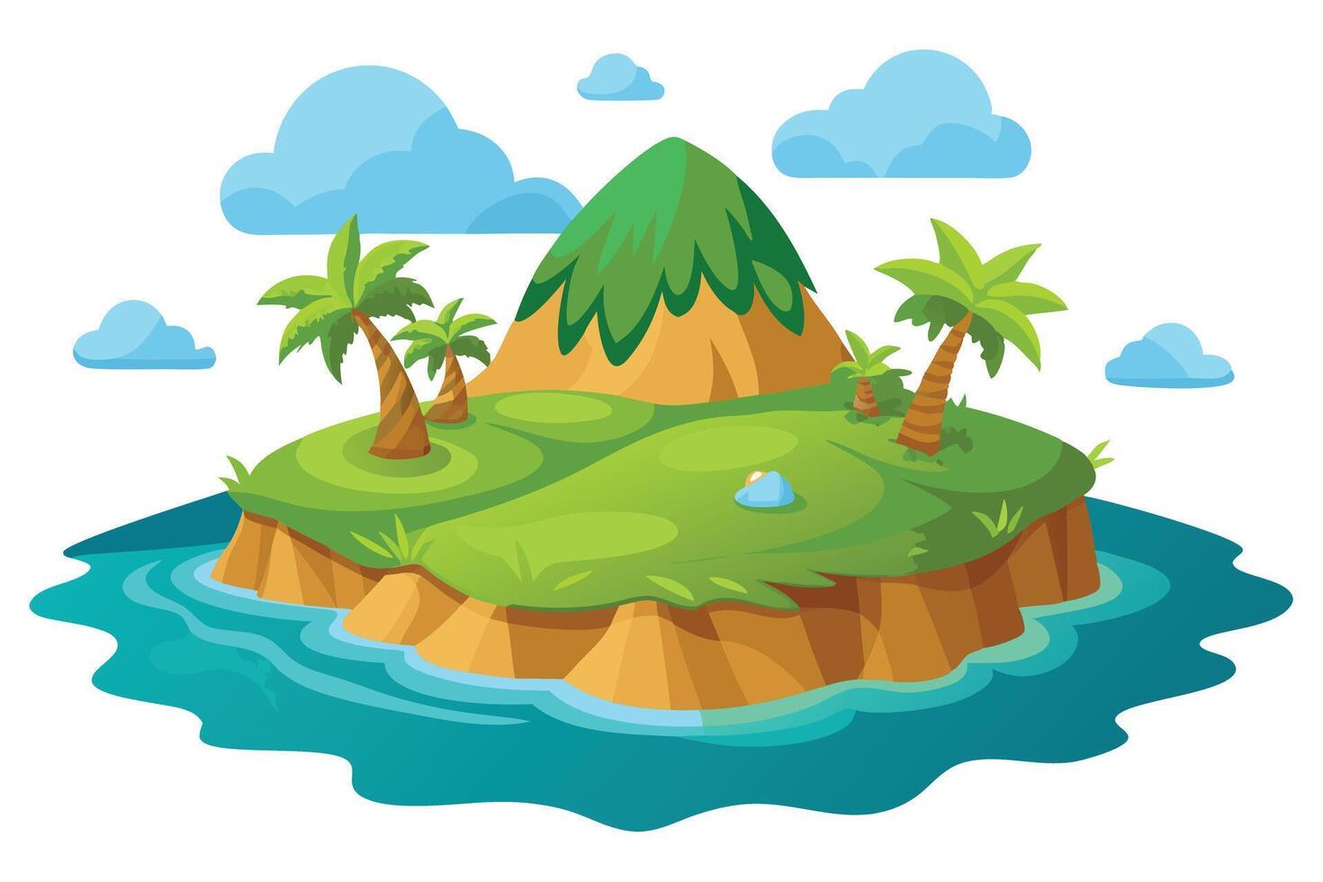 Cartoon Tropical Island with Palm Trees Mountain and Clouds Isolated vector