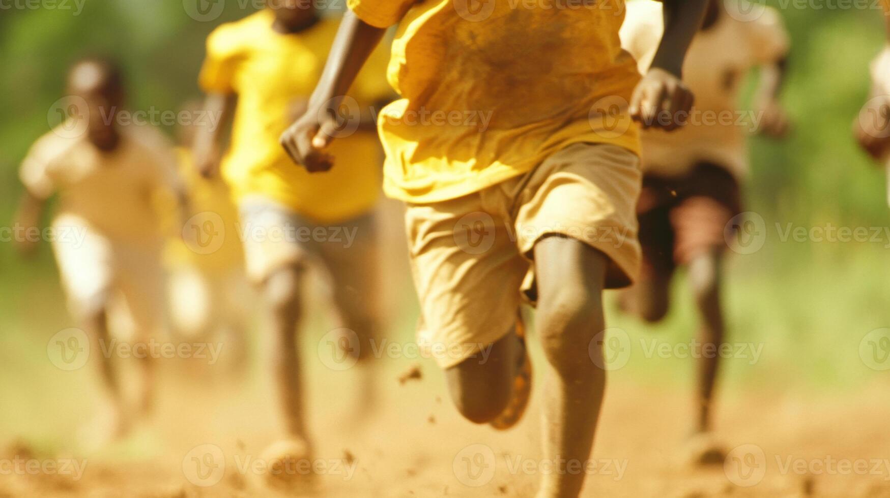 Children running energetically through a dusty rural path in vibrant daylight photo