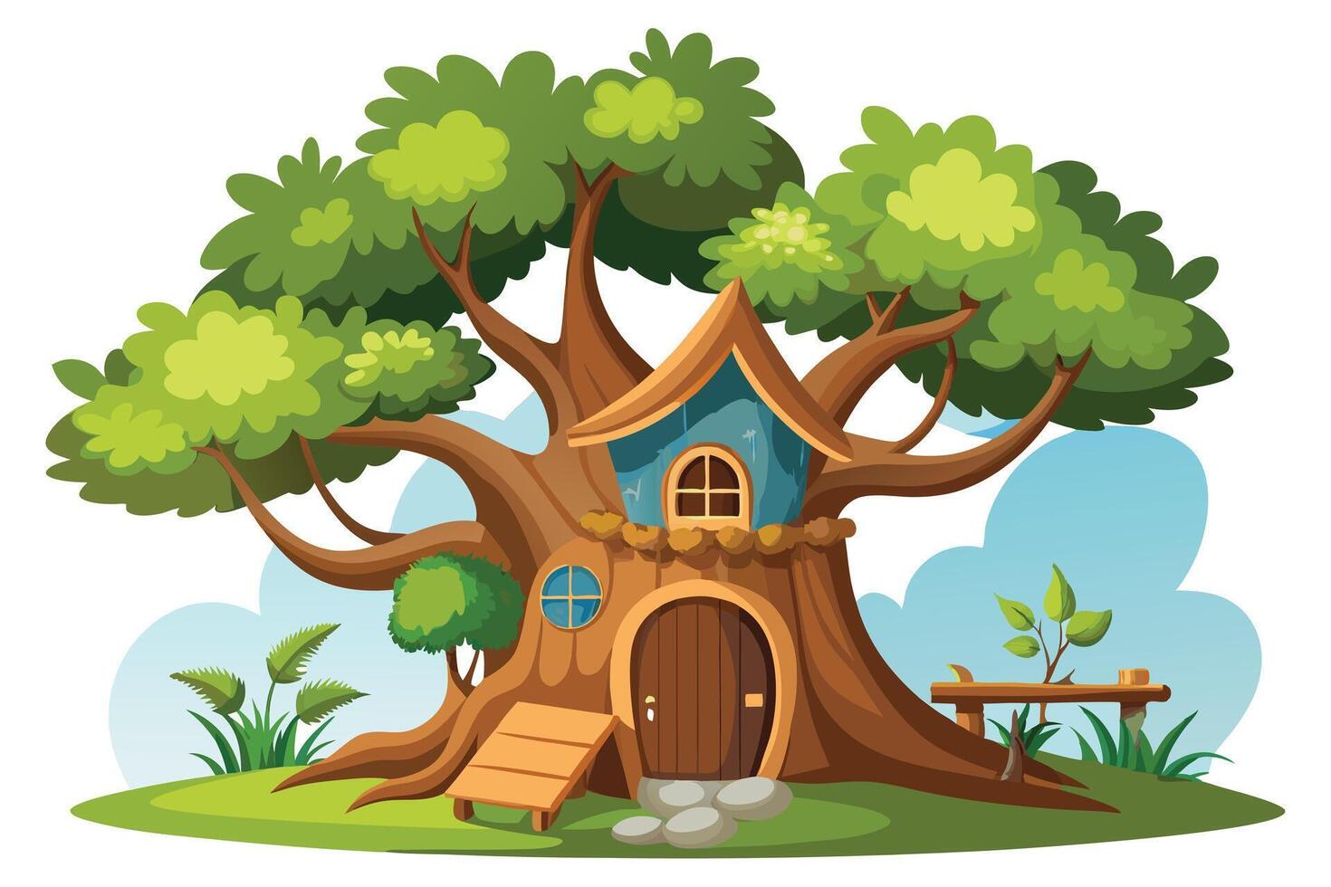 Charming Cartoon Treehouse with Wooden Bench and Lush Greenery Detail vector