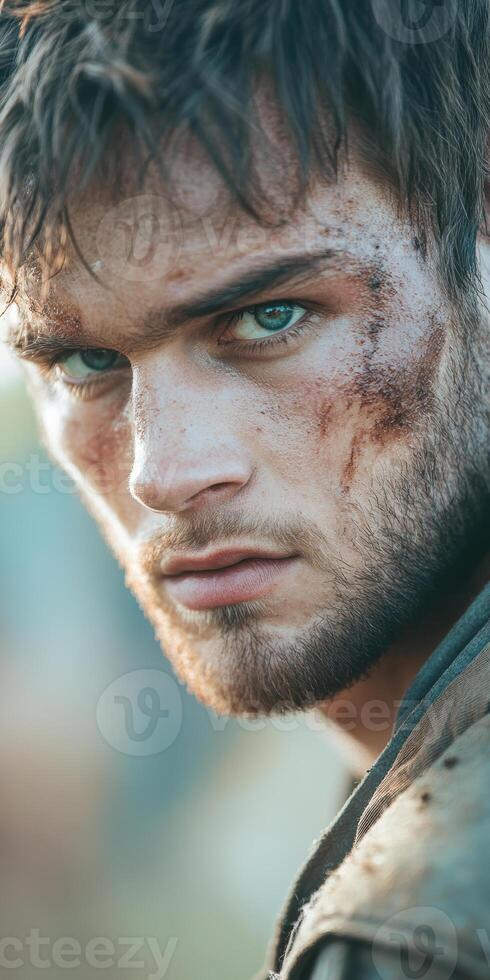 Intense young Caucasian man with gritty look and piercing eyes in rugged outdoor setting photo
