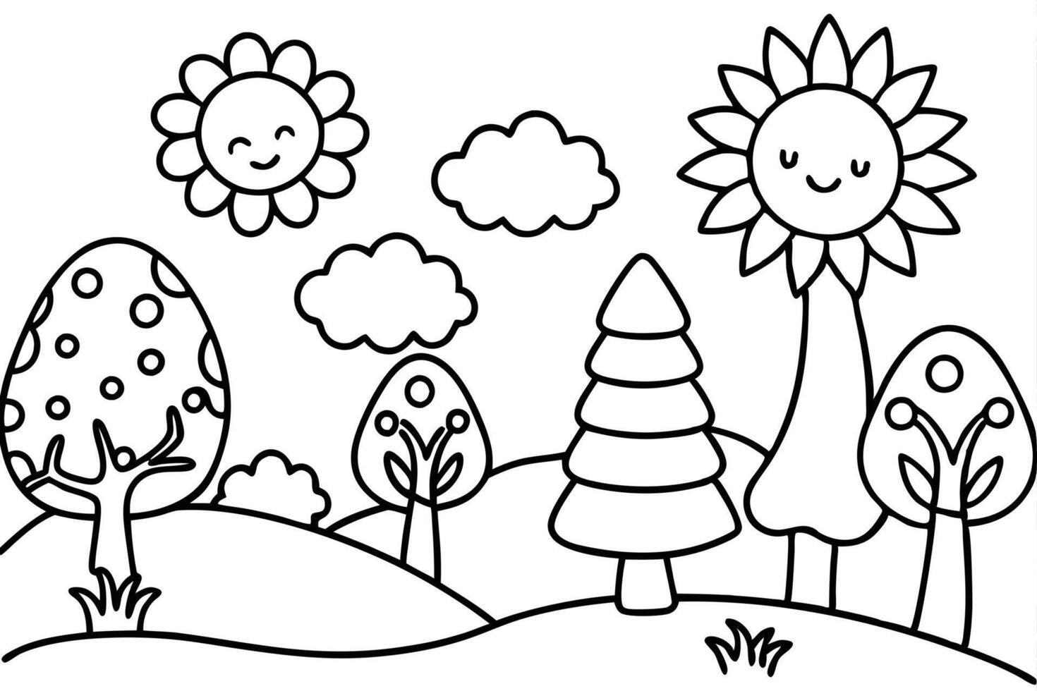 Black Outline Whimsical Landscape With Cartoon Sun Flowers Clouds and Trees Design vector