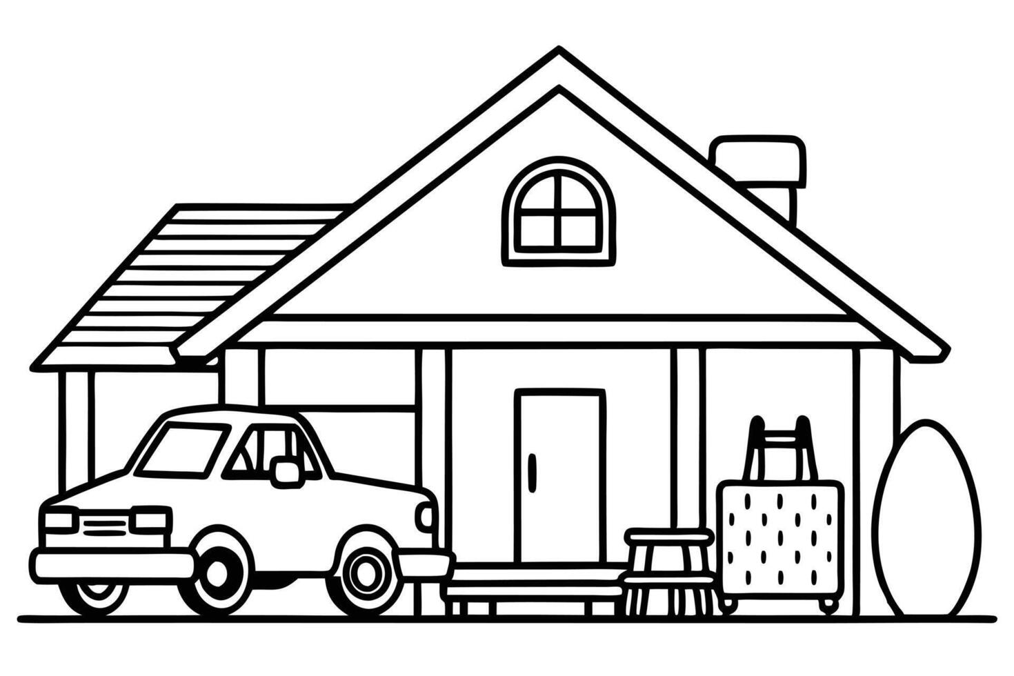 Line Art Drawing of House with Car, Luggage, Furniture and Moving Box on White vector