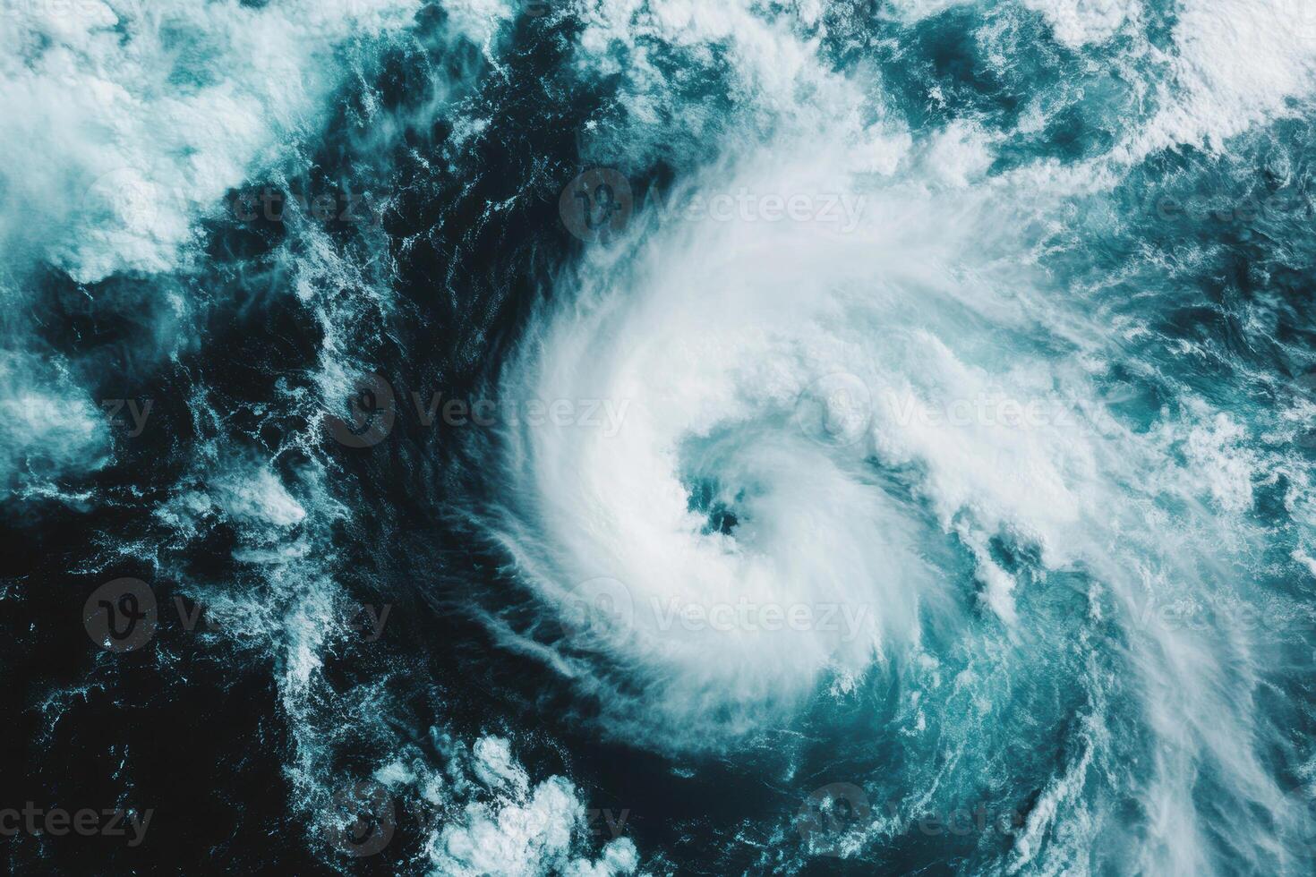 Aerial view of powerful ocean cyclone forming with swirling clouds and turbulent sea, photo