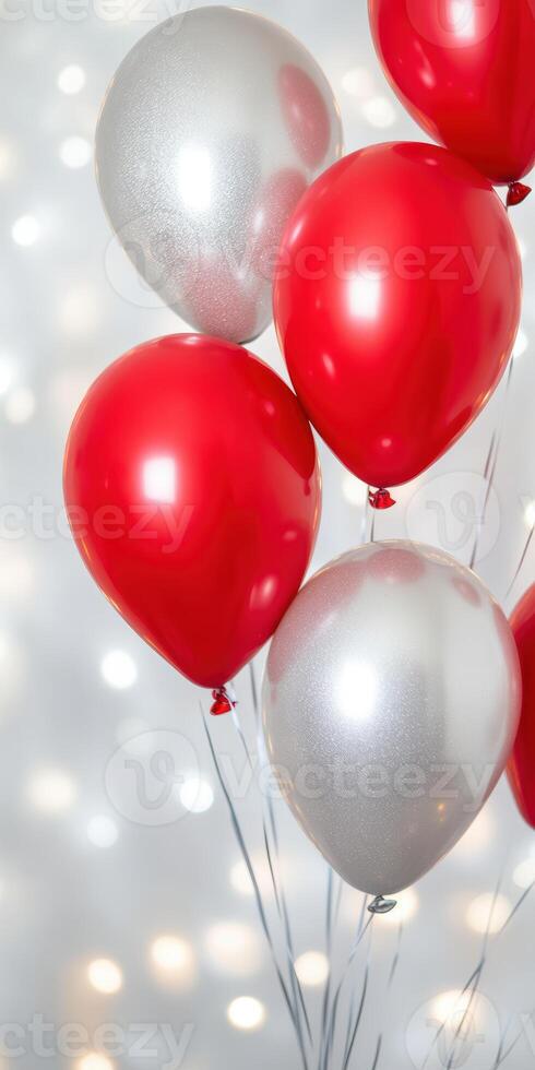 Red and silver balloons against blurred festive lights creating celebratory joyful atmosphere, photo
