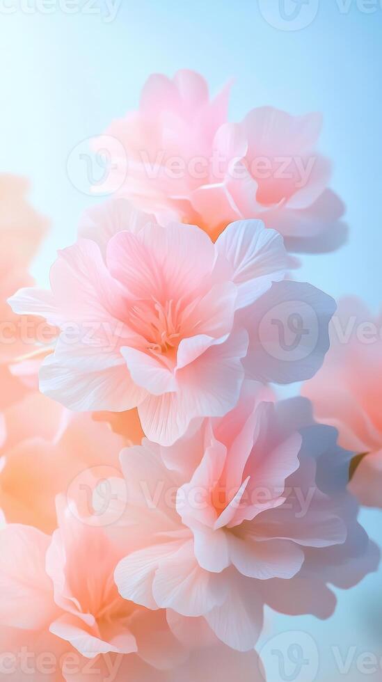 Close up of delicate pink cherry blossoms blooming against a soft blue sky, photo