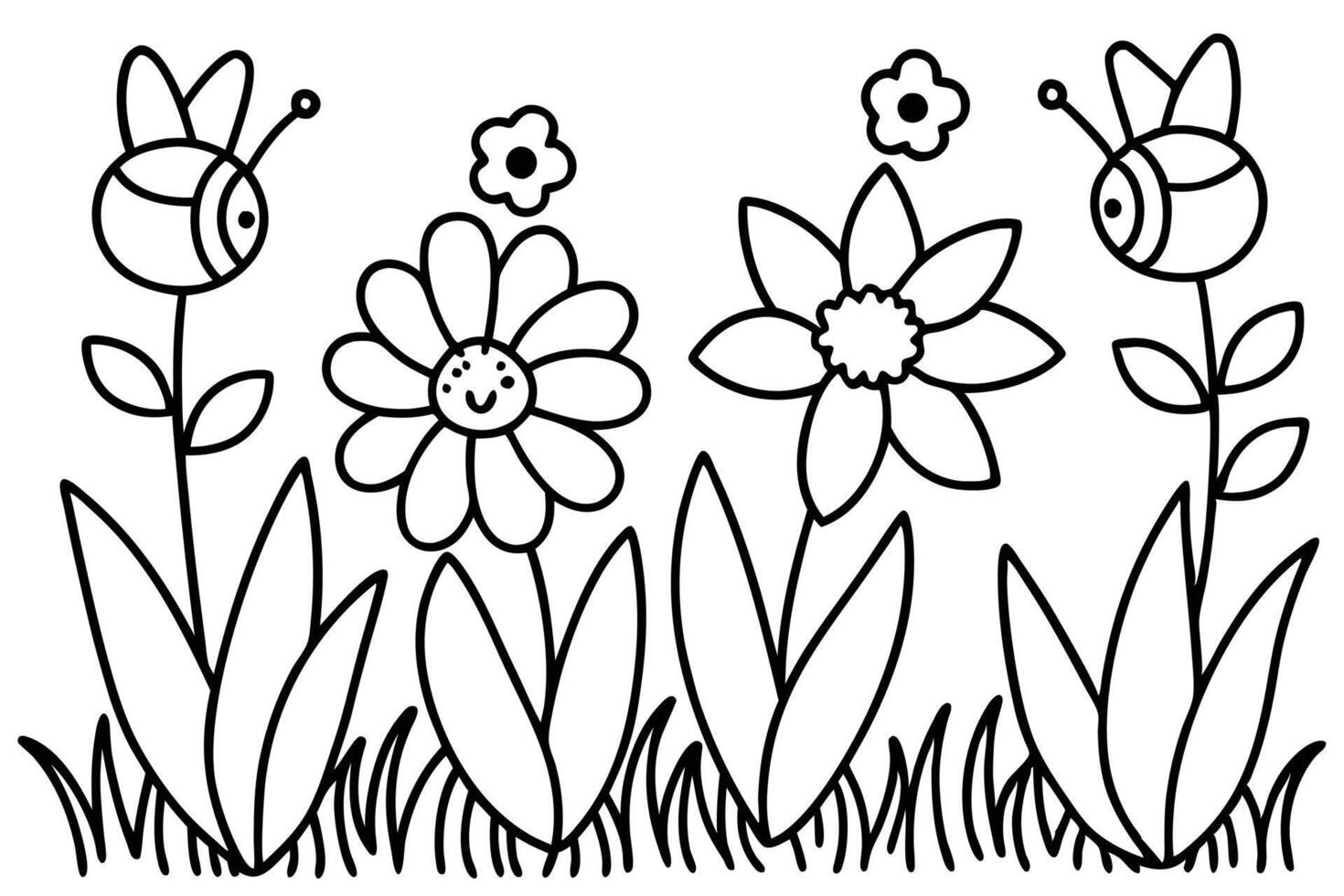Whimsical Flower Patch with Bee Accents in Black and White Line Art Design vector