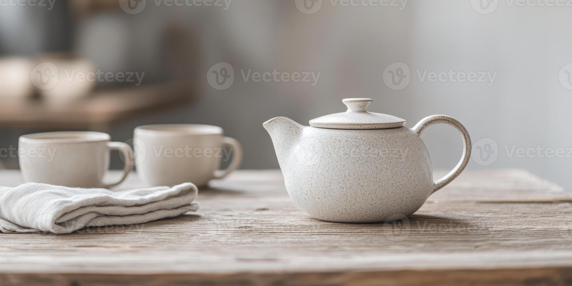 Ceramic teapot and cups on rustic wooden table with linen cloth, creating a serene and minimalist tea setting in a cozy, natural ambiance, photo