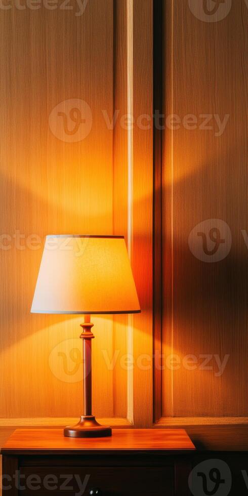 Elegant bedside lamp casting warm light against wooden paneled wall in cozy, softly lit room interior, photo