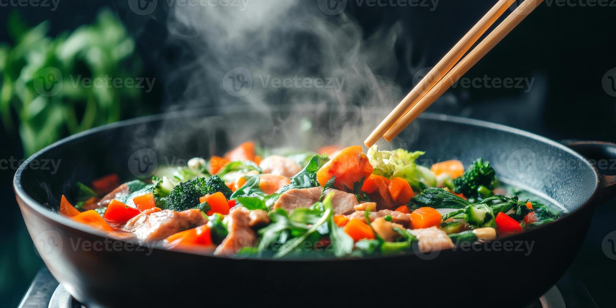 Chopsticks grasp fresh vegetables in a steaming pan of stir fried delight with vibrant colors and aromatic flavors, photo