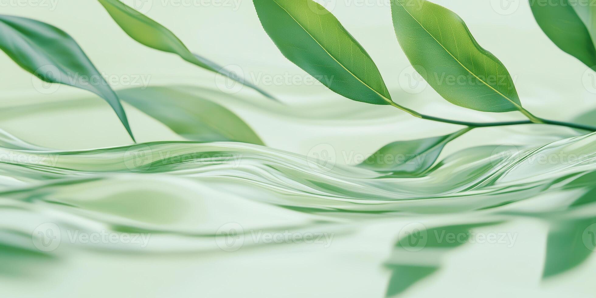 Green Leaves Floating on Smooth Water Surface Creating Tranquil Abstract Nature Scene, photo