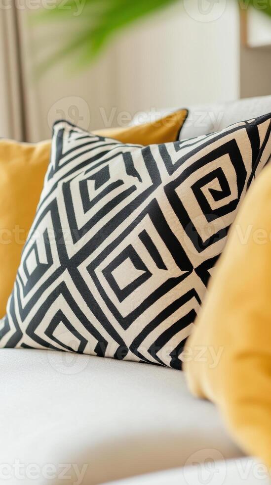 Modern decorative throw pillow with geometric pattern on contemporary sofa with yellow cushions, photo