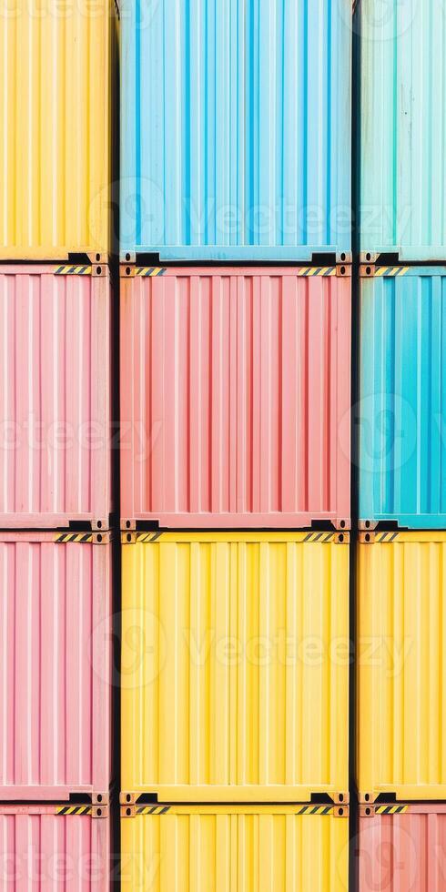 Colorful stacked shipping containers in vibrant geometric arrangement industrial logistics concept, photo