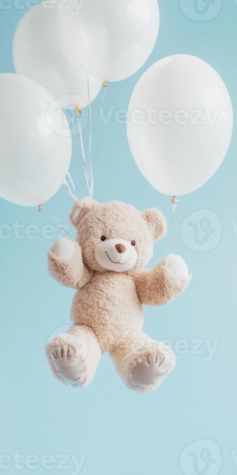 Adorable plush plush bear with white balloons floating against blue background playful cheerful scene, photo
