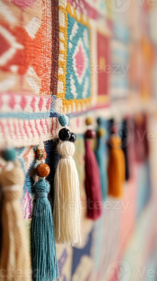 Colorful geometric tapestry with tassels showcasing intricate patterns and textures, photo