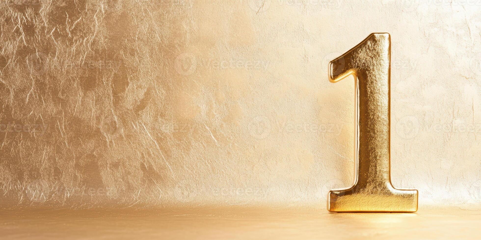 Shiny golden number one symbol on textured gold background highlighting luxury and celebration, photo