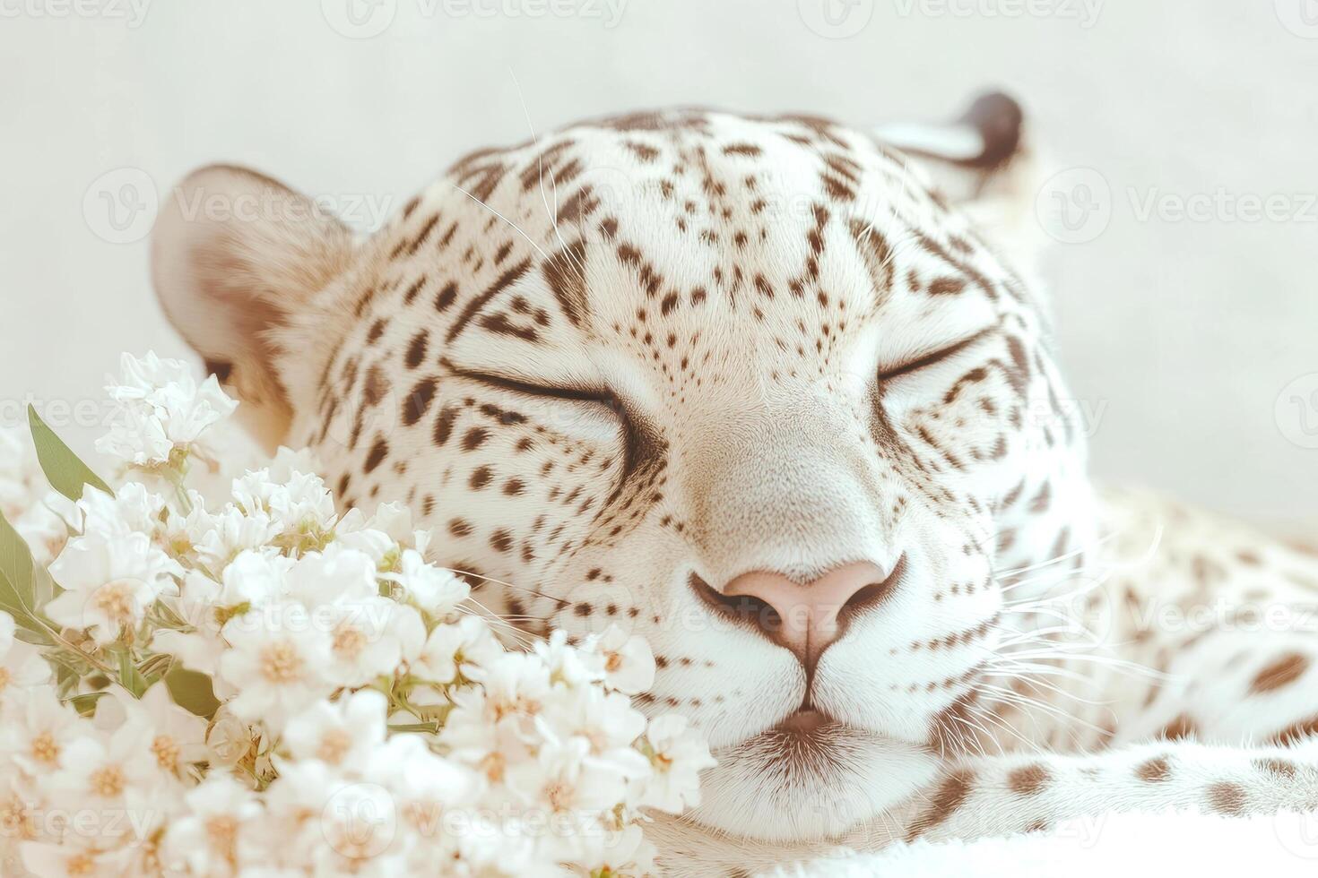 Peaceful leopard resting with closed eyes next to white flowers in soft dreamy light wildlife portrait, photo