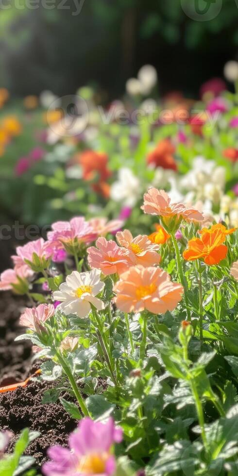 Colorful summer garden with vibrant blooming flowers in sunlight creating a cheerful natural landscape, photo