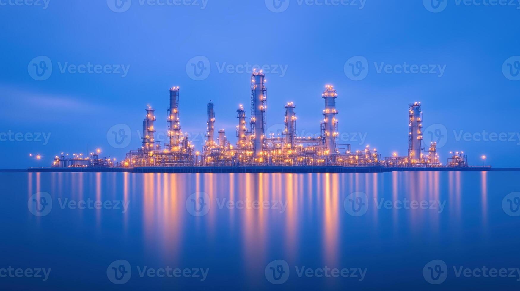 Illuminated industrial refinery reflected in still water during blue hour captivating serene landscape, photo