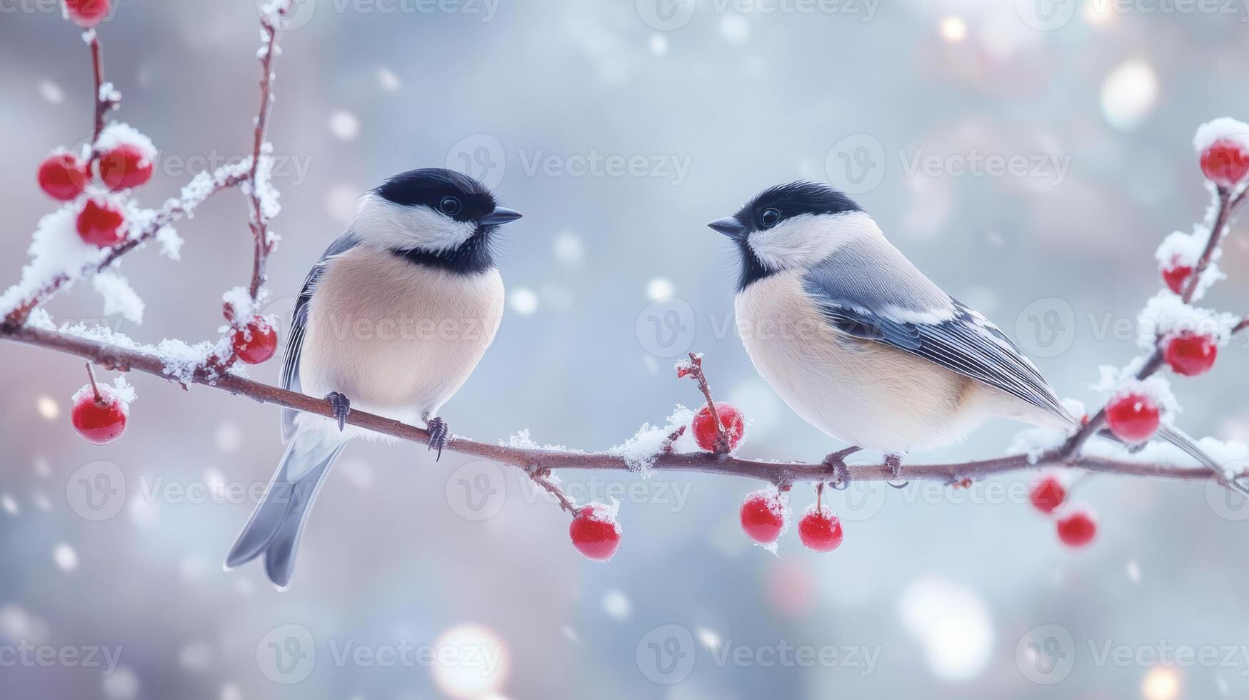 Charming winter scene with two chickadees perched on snowy berry branches in serene natural setting, photo