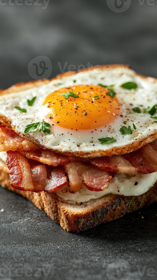 Delicious breakfast sandwich with fried egg and crispy bacon on rustic bread, photo