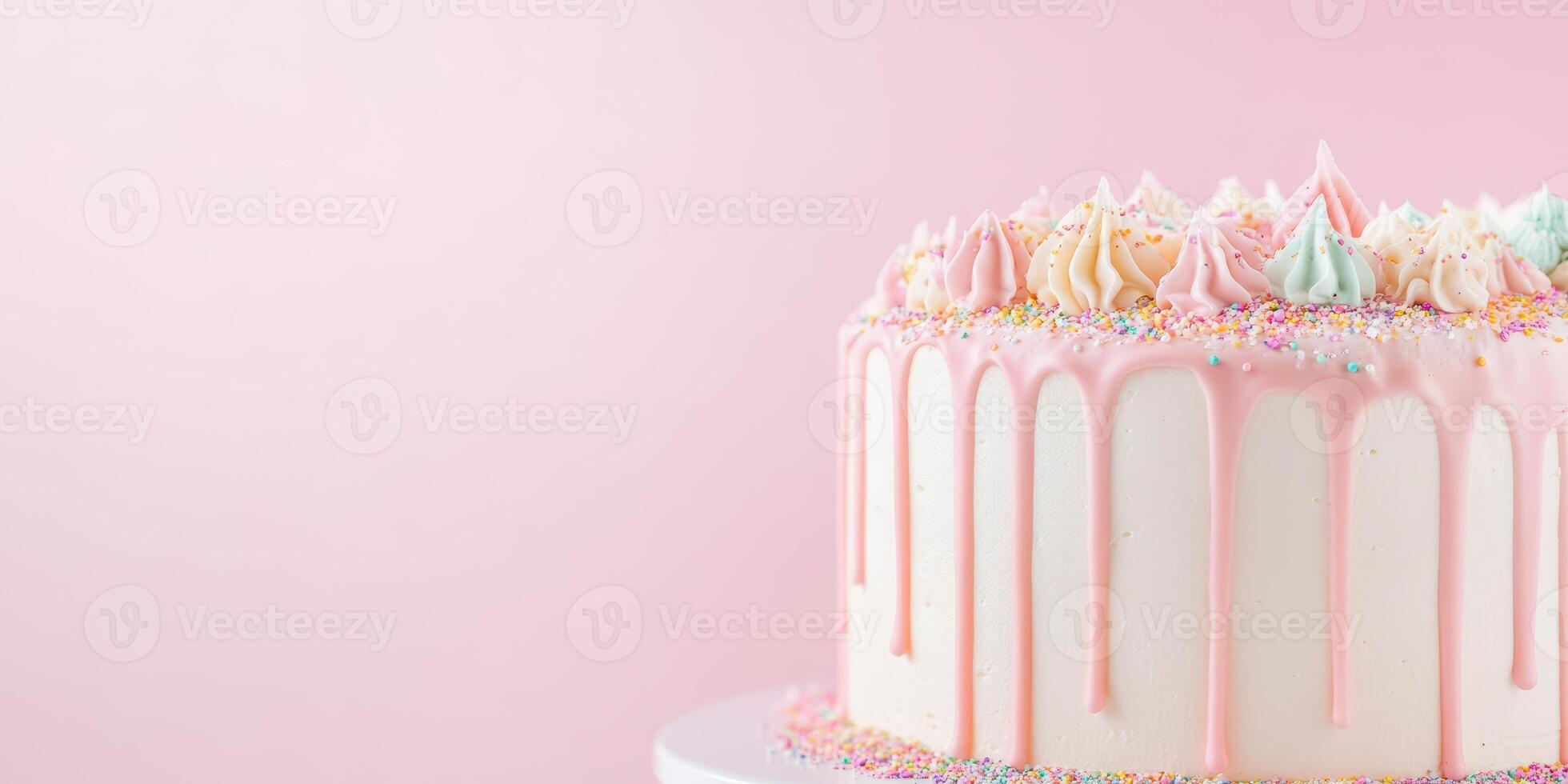 Elegant celebration cake with pink drip icing and colorful sprinkles on a minimalist background, photo