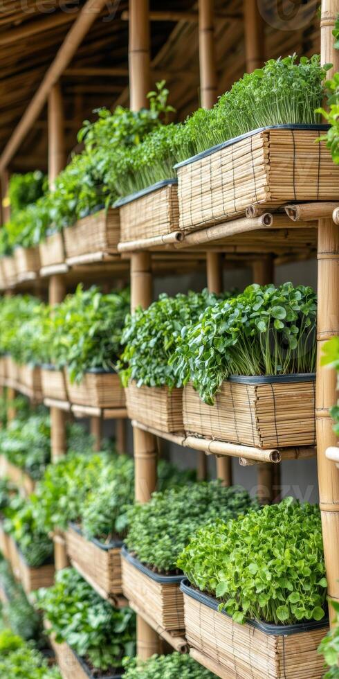 Vertical bamboo planters with lush greenery in a sustainable urban garden setup, photo