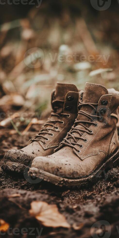 Worn leather hiking boots on muddy forest trail showcasing rugged outdoor adventure spirit, photo