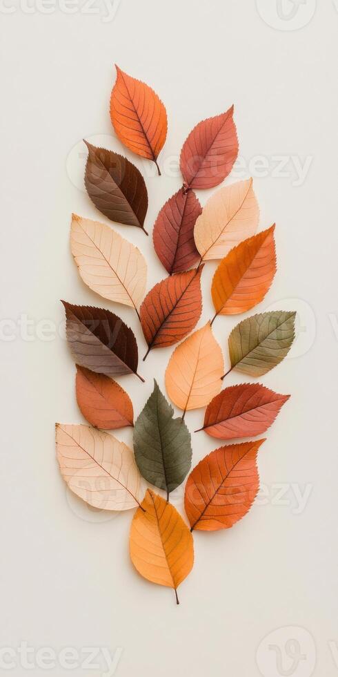 Collection of vibrant autumn leaves arranged on a light surface in a symmetrical pattern, photo
