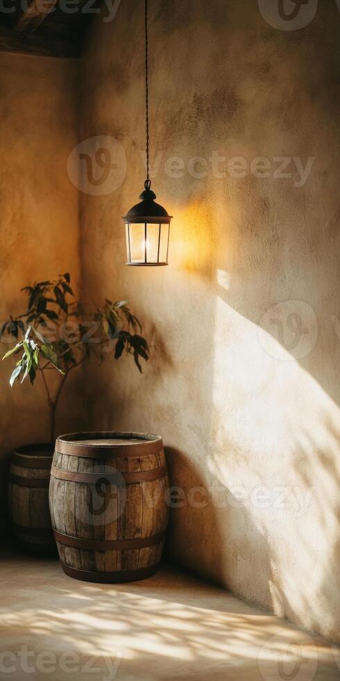 Rustic interior with vintage lantern and barrel in warm sunlight creating a cozy atmosphere, photo
