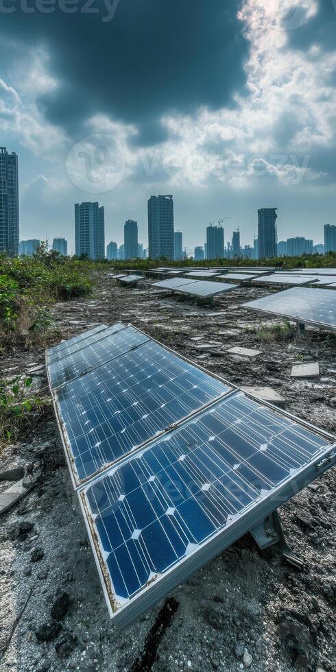 Solar panels on rooftop under dramatic cloudy sky in urban industrial cityscape setting sustainable energy concept, photo