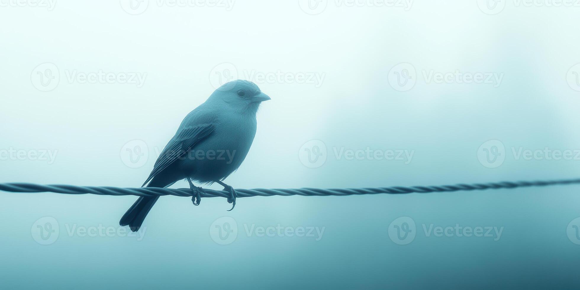 Solitary bird perched on wire amidst misty morning scene with soft light and peaceful atmosphere photo