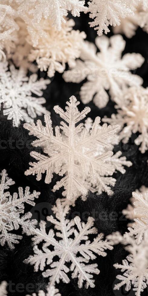 Detailed macro of artificial white snowflake arrangement on black textured background photo
