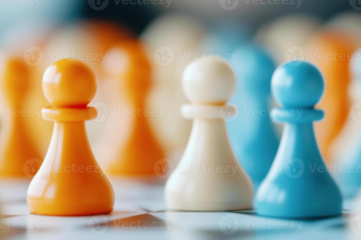 Chess pawns in vibrant colors on a blurred chessboard background photo