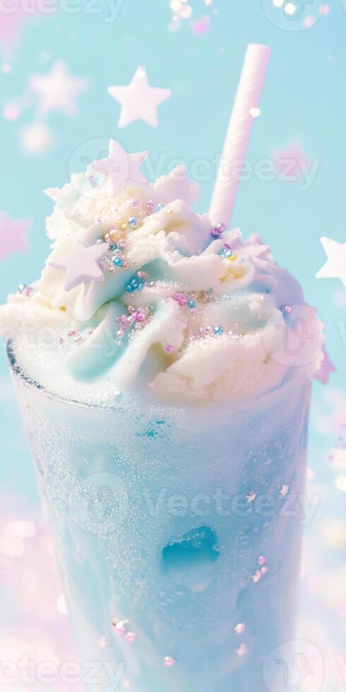 Whimsical blue milkshake adorned with whipped cream, stars, and sprinkles against a dreamy pastel backdrop photo