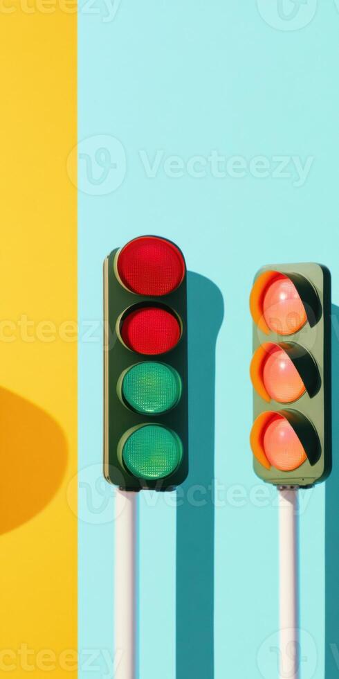 Colorful traffic lights against bright yellow and blue background in minimalist photo