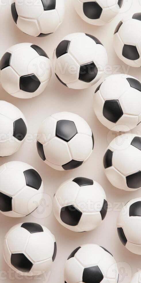 Pattern of black and white soccer balls laid out on a light surface in uniform arrangement photo