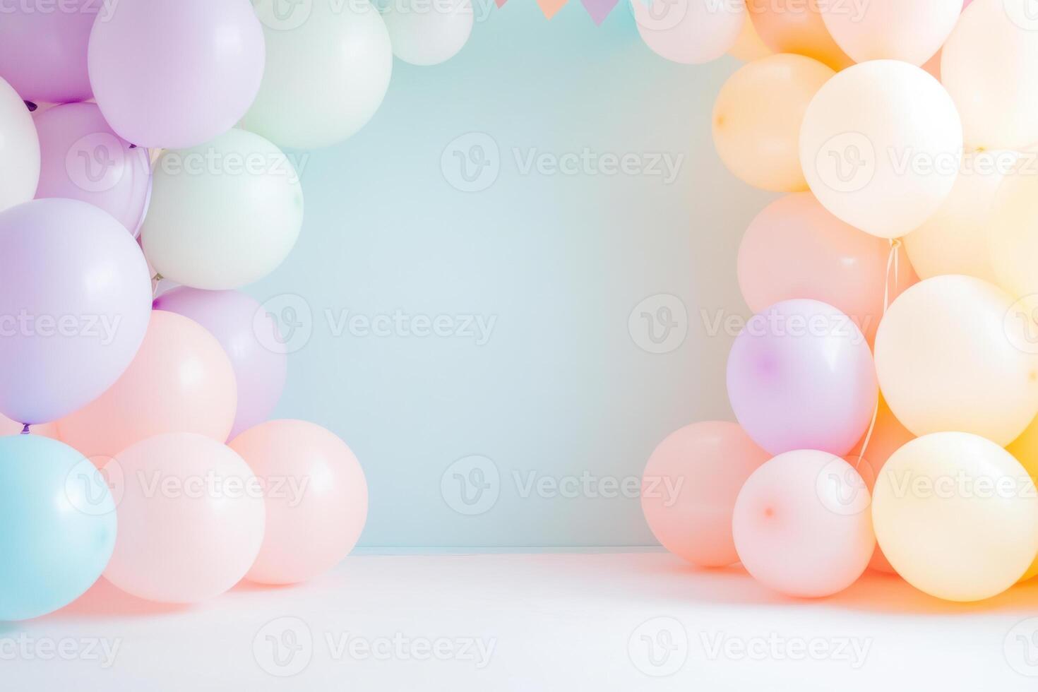 Colorful pastel balloons arranged for a festive celebration in a bright blue room with a joyful atmosphere photo