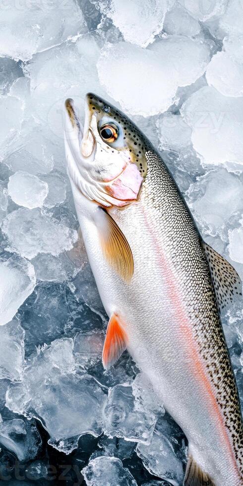 Fresh raw trout resting on ice surface in vibrant seafood market scene photo