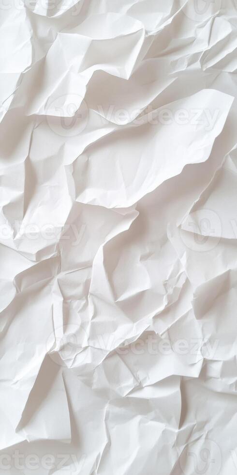 Crumpled white paper texture for background, abstract art, creative design element for digital projects photo
