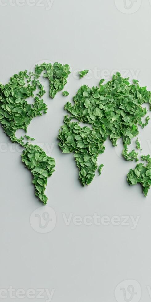 green world map created from fresh leaves symbolizing environmental awareness and global sustainability initiatives photo