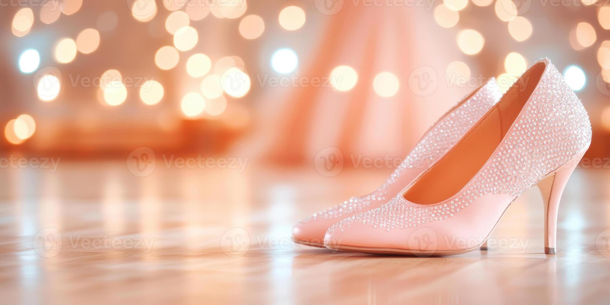 Elegant pink high heels with sparkling pearls against a soft bokeh background at an evening event photo