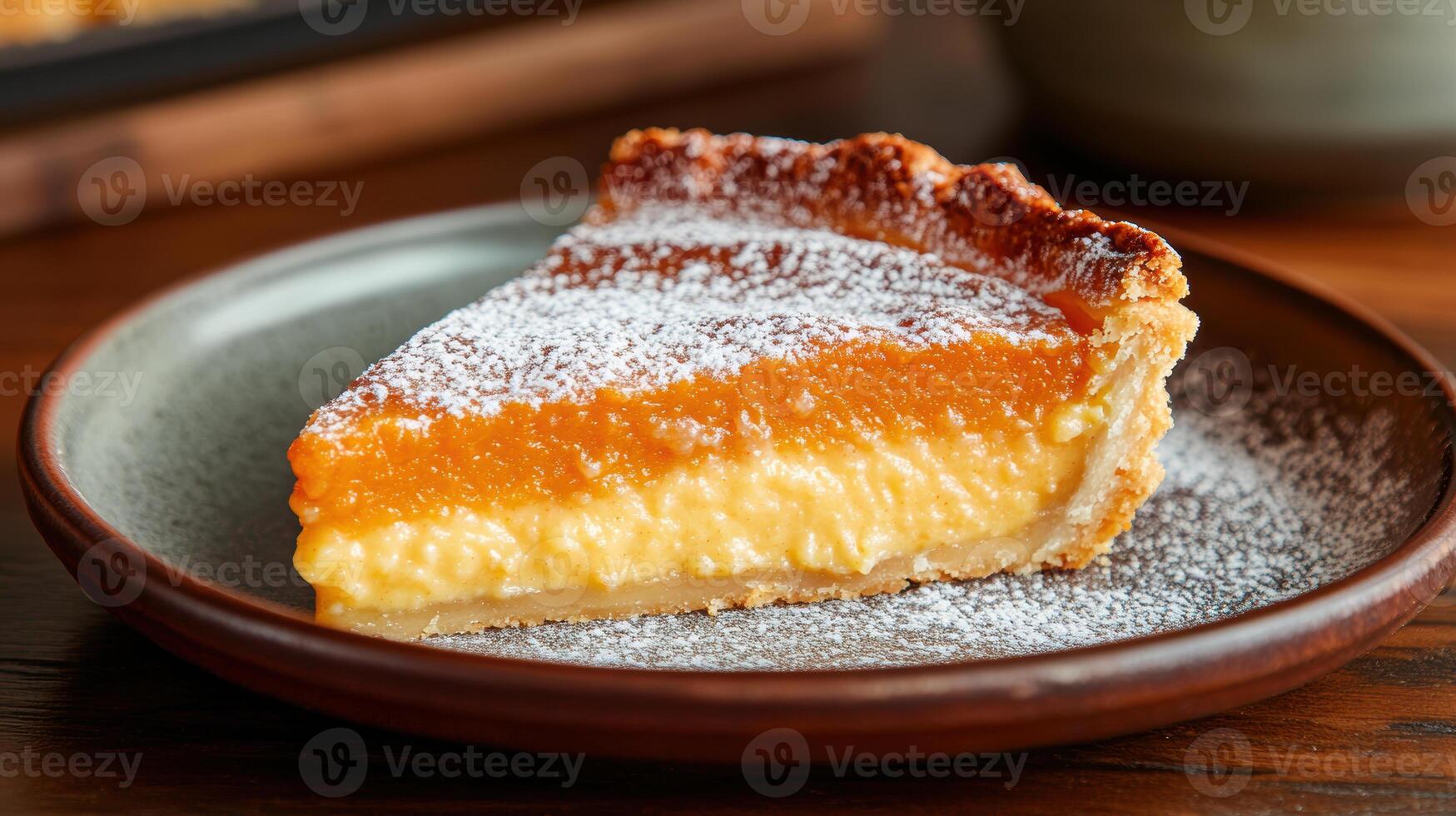 Delicious slice of apricot custard tart with a flaky crust and powdered sugar garnish on a rustic plate photo