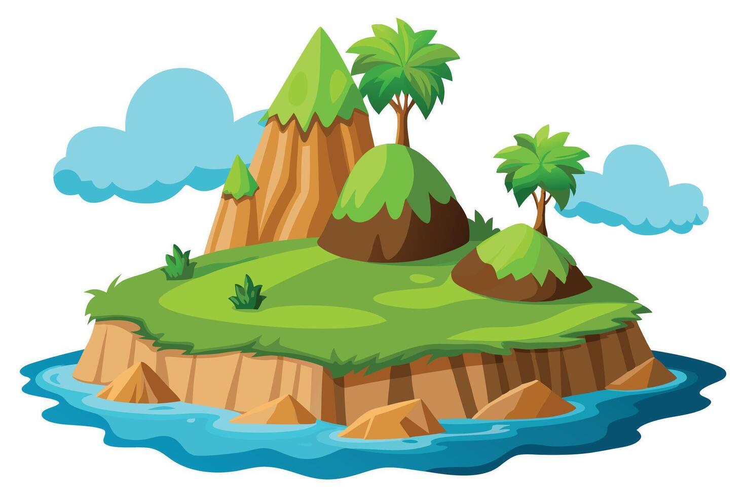 Cartoon Island with Green Hills, Mountains, Palm Trees, and Blue Water, White Background vector