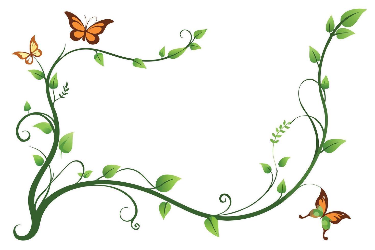 Nature with Butterflies Green Vines and Leaves on a White Background vector