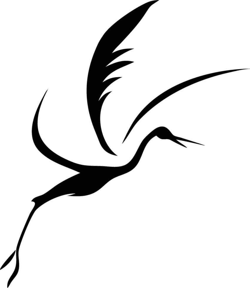 Flying Crane Illustration, Black Silhouette, Elegant Design, Bird in Flight, Style vector