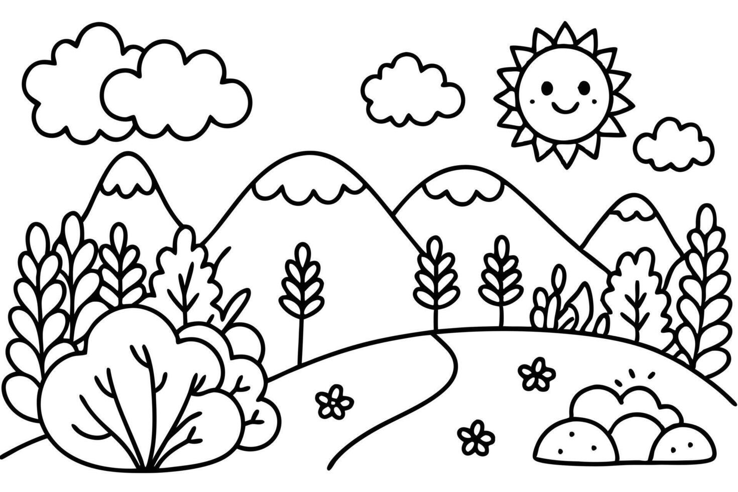 Outline Mountain Landscape with Cute Sun, Clouds, Trees and Flowers vector
