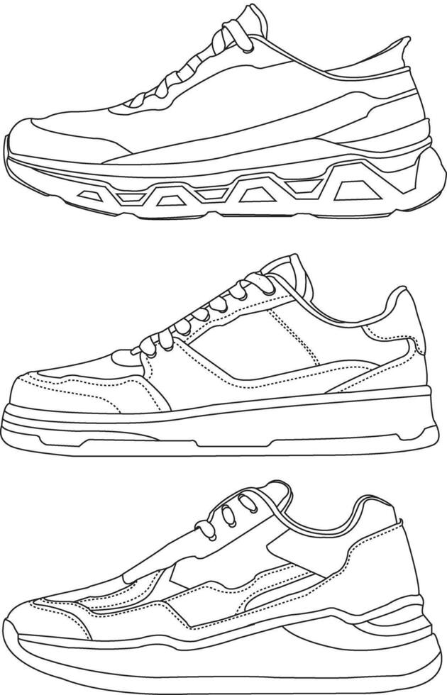 Set of sneaker outline drawing, Sneakers cartoon, Shoes outline, shoe Illustration, hand draw shoes,outline vector