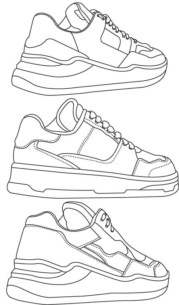 sneaker outline drawing icon, set of sneakers design isolated, black line sneaker template, set of shoes vector